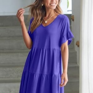 ANRABESS Dresses for Women Summer 2025 V Neck Ruffle Sleeve A Line Tiered Flowy Casual Trendy Mini Beach Dress with Pockets